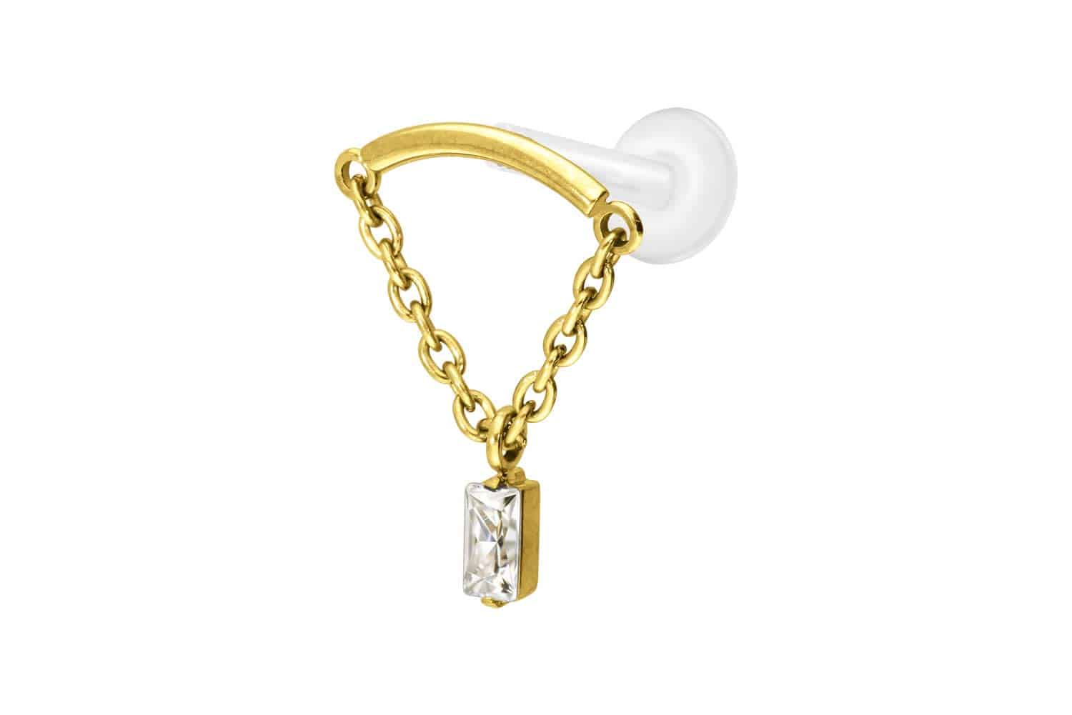 PTFE Labret Piercing mit Innengewinde + Titan-Aufsatz BOGEN + KETTE + KRISTALLRECHTECK